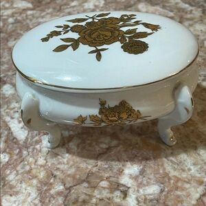 Vintage Hand-painted Porcelain Footed White & Gold Roses Trinket Box